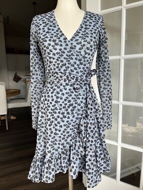 Ganni Tilden Mesh Blue Black Floral Wrap Dress with Ruffle Hem